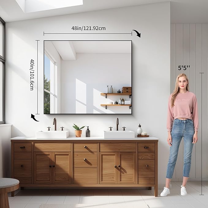 YIROMAN Bathroom Mirror for Wall 48"x40", Large Matte Black Bathroom Mirror - Image 2