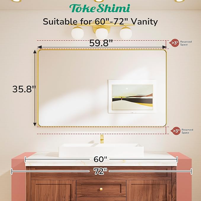 TokeShimi Brushed Gold Vanity Mirror 60x36, Bathroom Mirror Framed Aluminum - Image 2
