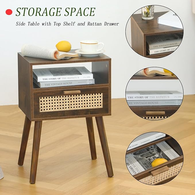 MaxSmeo Mid Century Nightstand, Rattan Side Table - Image 4