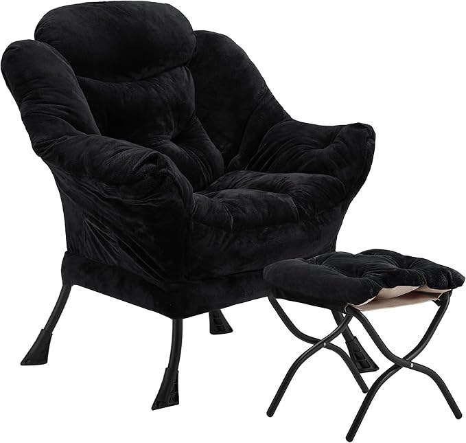 Lazy Chair with Folding Ottoman, Accent Chair Plush Upholstered with Metal by Youtanic