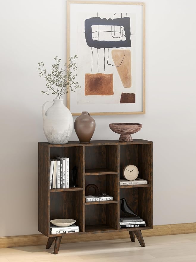 Manora Rustic Brown 7 Cube Mid Century Modern Bookshelf, Wooden Storage - Image 7