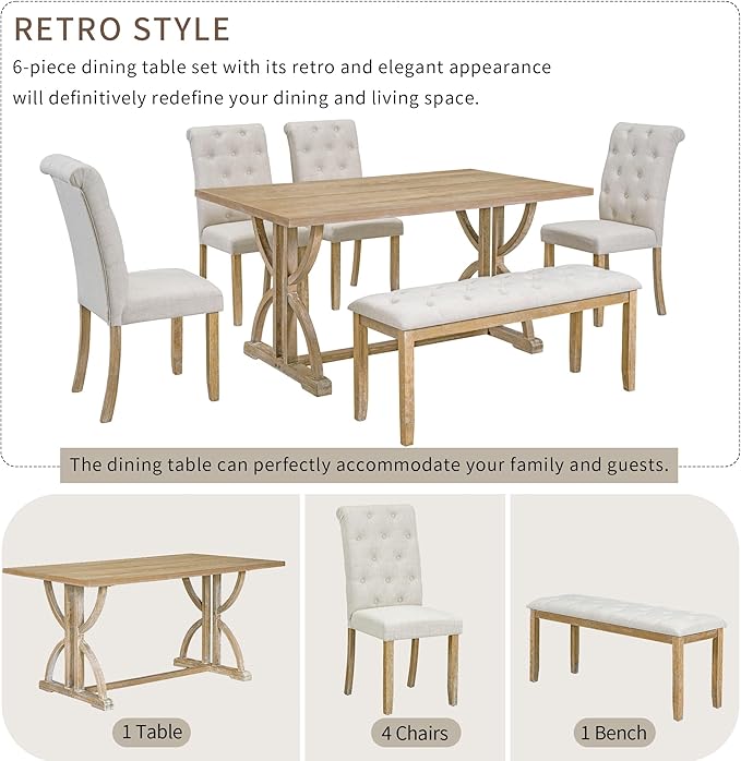 SogesPower 6-Piece Dining Table Set, Rectangular Farmhouse Kitchen Dining Table - Image 5