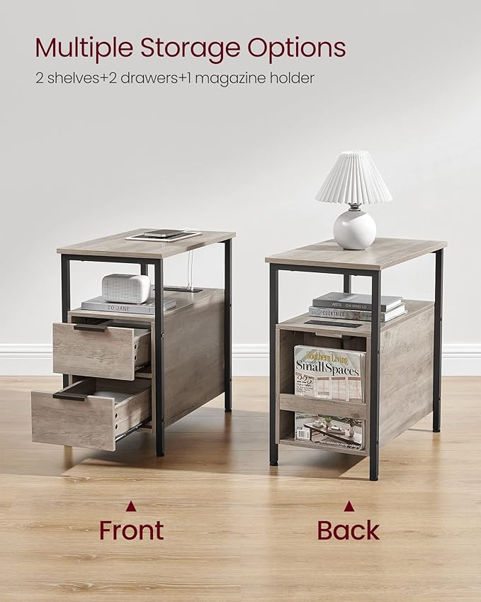 VASAGLE Side Table with Charging Station, Narrow End Table with 2 Drawers - Image 5