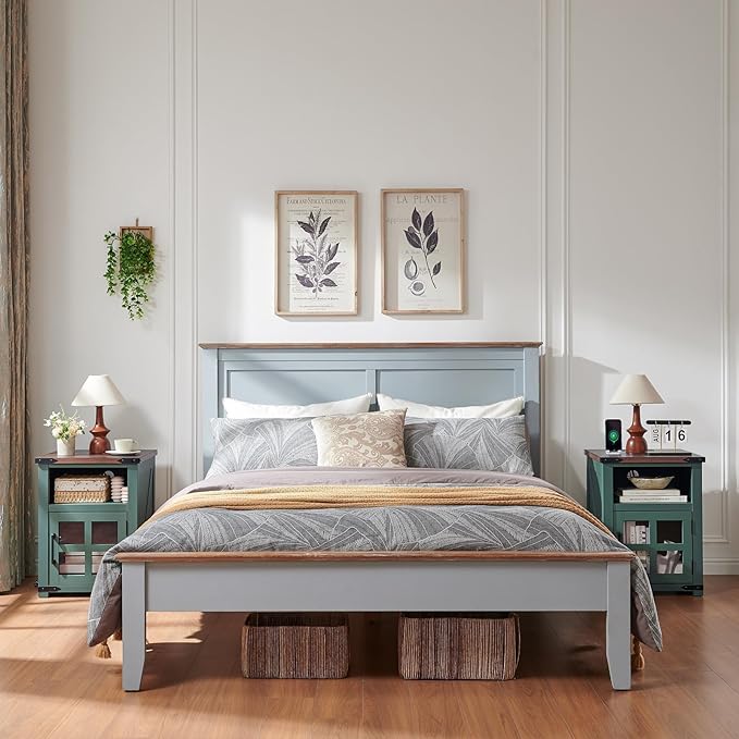 Farmhouse Nightstand with Charging Station, Rustic End Table with Tempered - Image 3