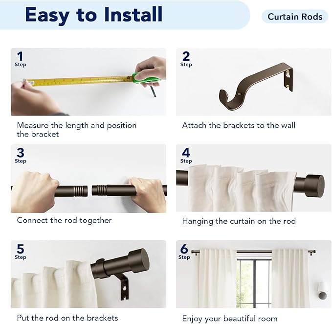 2 Pack Curtain Rods for Windows 28 to 48 Inch, 1 Inch Bronze Curtain Rods Set - Image 7