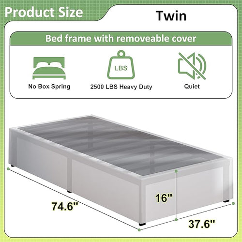 16 Inch Twin Bed Frames with White Skirt Cover, Metal Twin Size Bed Frame with - Image 2