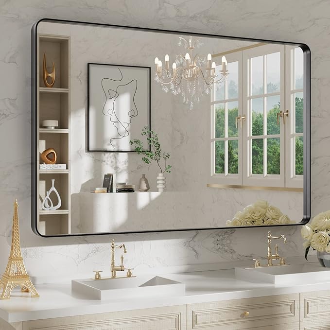 WEER Black Bathroom Mirror, 48X30 Inch Rectangular Matte Black Metal Framed by WEER