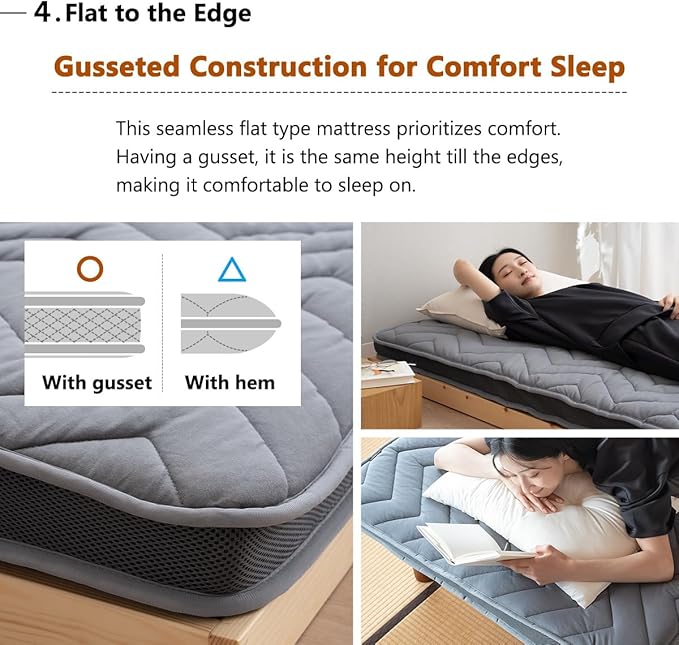 EMOOR Japanese Wool-Blend Padded Futon Mattress GOMA Queen Dark Gray, Gusset - Image 6