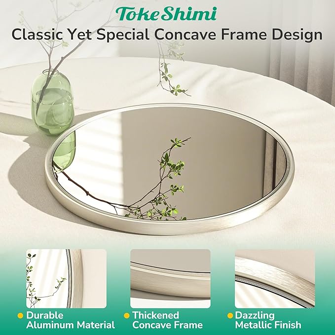 TokeShimi 24 Inch Circle Bathroom Mirror Brushed Nickel, Tempered Round Wall - Image 2