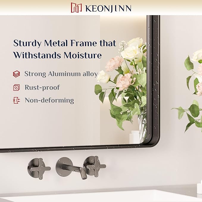 Keonjinn Black Bathroom Mirror for Over Sink, 42 x 36 Inch Large Rounded - Image 7