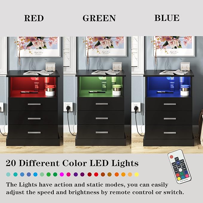 Black LED Nightstand with Charging Station, Side Table with 3 Drawers and Light - Image 9