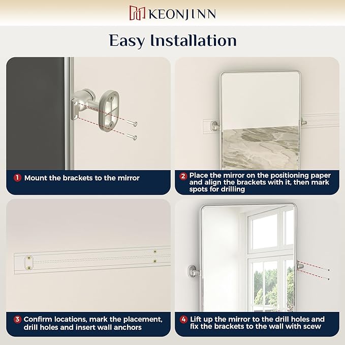 Keonjinn 24 x 36 in Silver Pivot Mirror, Satin Nickel Beveled Tilt Mirror - Image 8