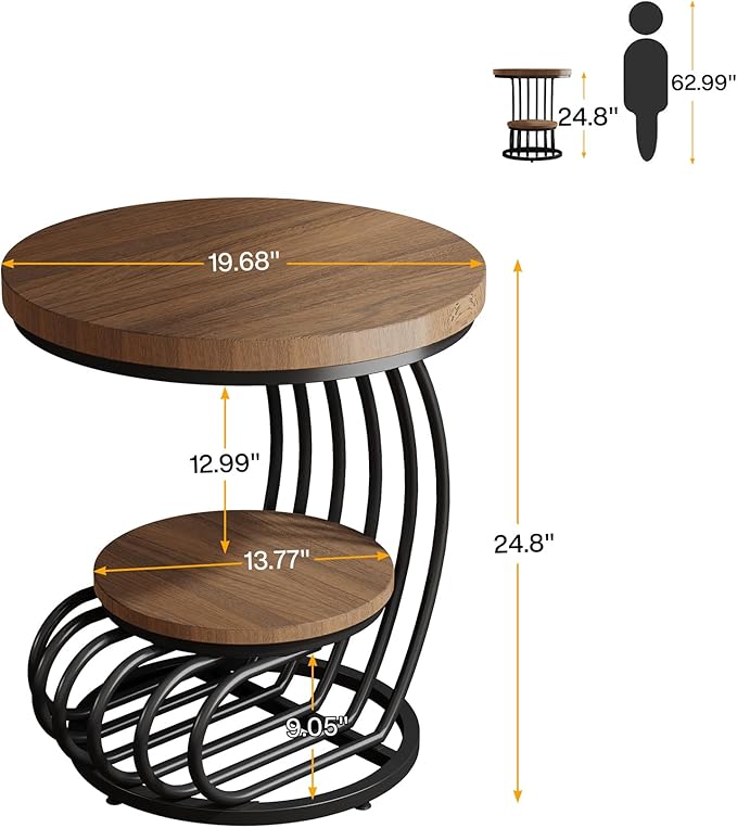 Tribesigns Round End Side Table: 2 Tiers Side Table Set of 2, Vintage End Table - Image 2