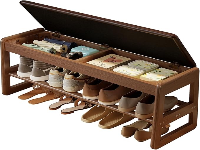 Shoe Rack Bench with Cushion, 2 Tiers Shoe Bench with Flip-Top Storage by AQIMUELE-Solidwoodfurniture