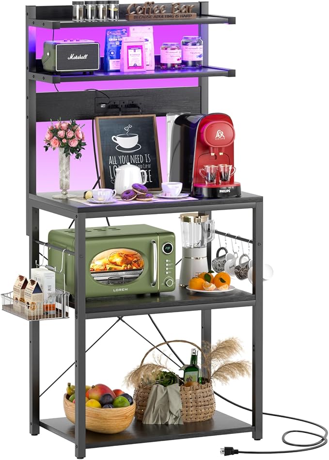 Aheaplus Bakers Rack with Power Outlet, Microwave Stand, 5 Tiers Coffee Bar by Aheaplus