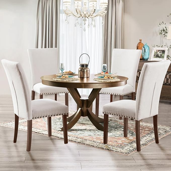 Set of 4 Beige Upholstered Dining Chairs, Farmhouse Kitchen Chairs - Image 7