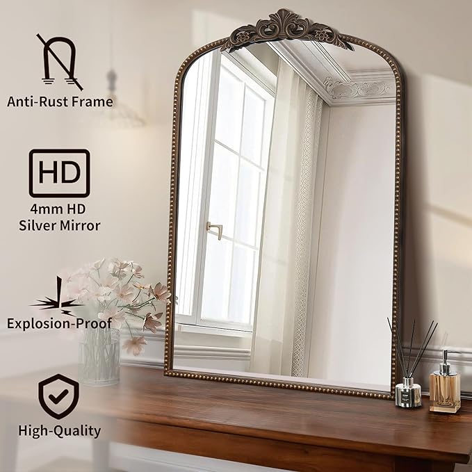 Micasso Traditional Ornate Metal Frame Arch Wall Mirror Baroque Vintage Vanity - Image 2