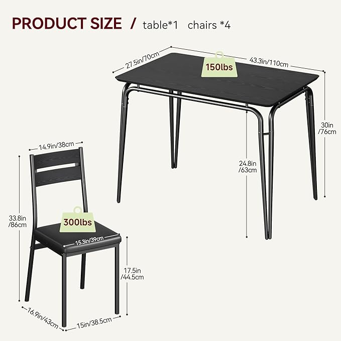 5 Piece Dining Table Set for 4, Compact Square Table Chairs, Sturdy MDF Top - Image 2