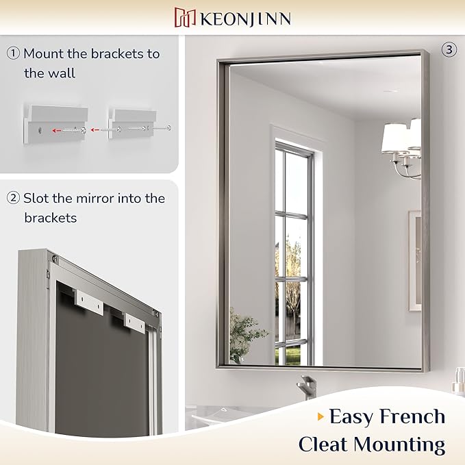 Keonjinn 48 x 40 in Brushed Nickel Bathroom Mirror, Rectangular Wall Metal - Image 4