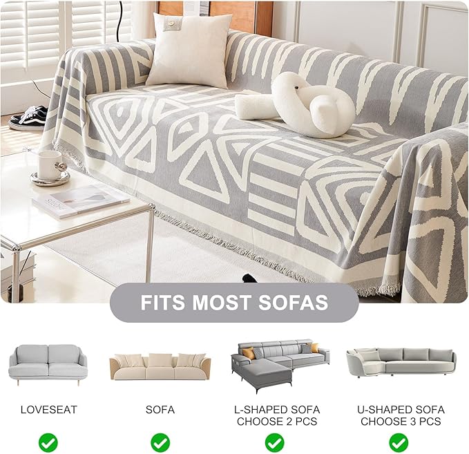 STACYPIK Boho Geometric Sofa Cover Chenille Gray White Cream Triangle Couch - Image 8