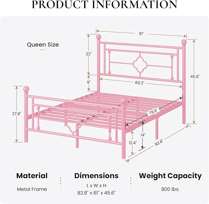 SHA CERLIN 14 Inches Queen Size Metal Platform Bed Frame/Vintage Iron-Art - Image 2