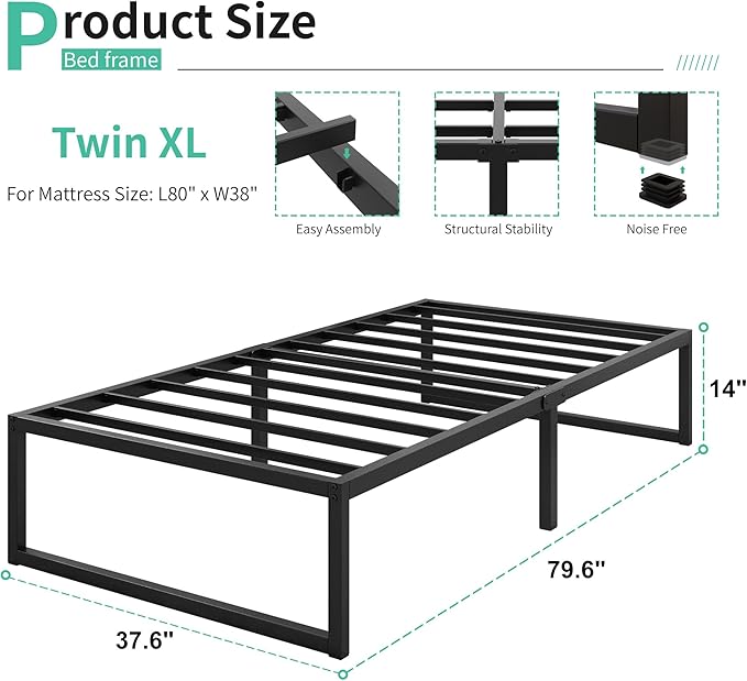 14 Inch Twin XL Bed Frames Heavy Duty Sturdy Metal Platform Bed Frame No Box - Image 2