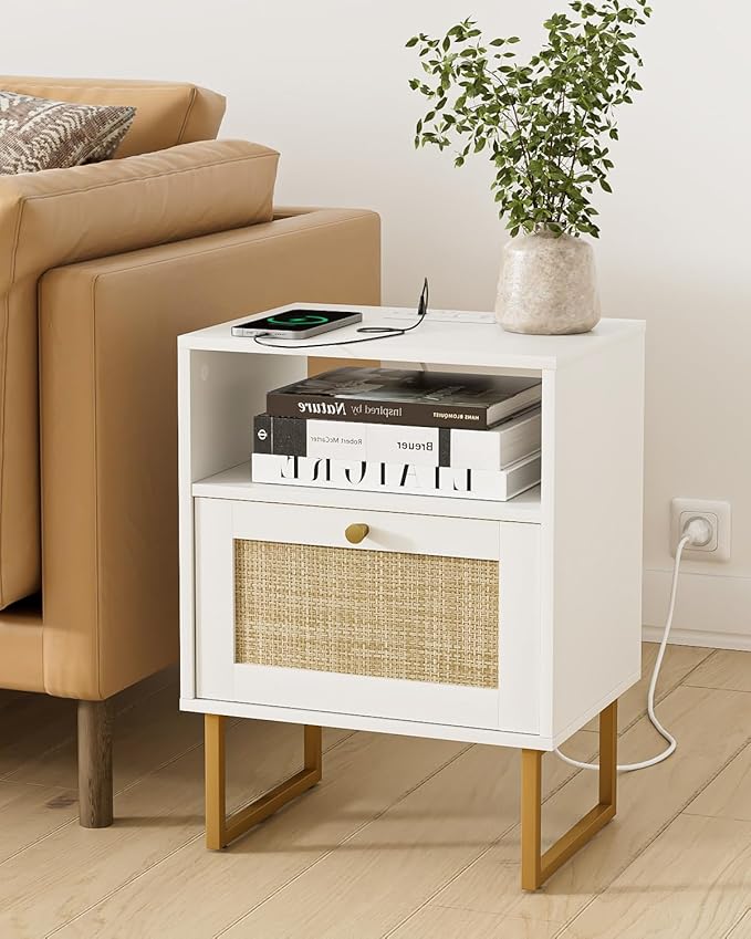 Rattan Nightstand with Charging Station, Boho Night Stand Farmhouse Wood - Image 4