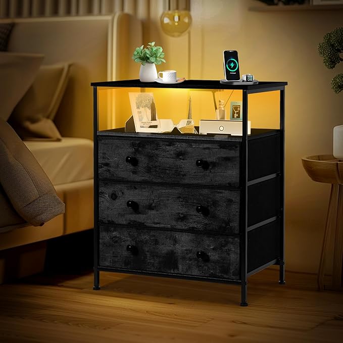 3 Drawers Dresser with Charging Station, 24 Inch Wide LED Night Stand Set 2 - Image 2