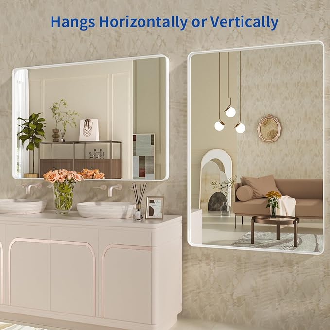 WEER White Bathroom Mirror 48X36 Inch, Rounded Rectangle White Metal Frame - Image 5