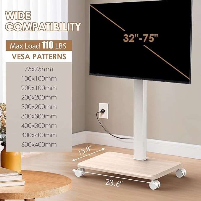 Rolling TV Stand with Power Outlet, Swivel Mobile Portable TV Cart - Image 6
