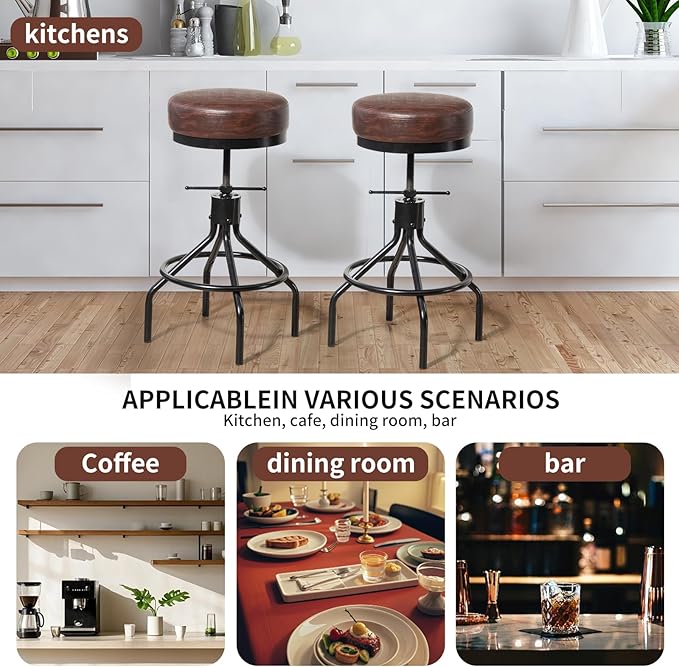 Industrial Barstools Set of 2 Adjustable Swivel Round Bar Stools Modern PU - Image 4