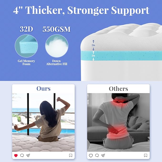 OhGeni Cooling 4 inch Dual Layer Full Mattress Topper, 2 inch Cooling Gel - Image 3