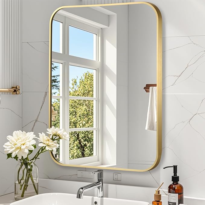 Brushed Gold Mirror, Metal Frame Rectangle Corner Vanity Mirror, Wall Mounted by JENBELY