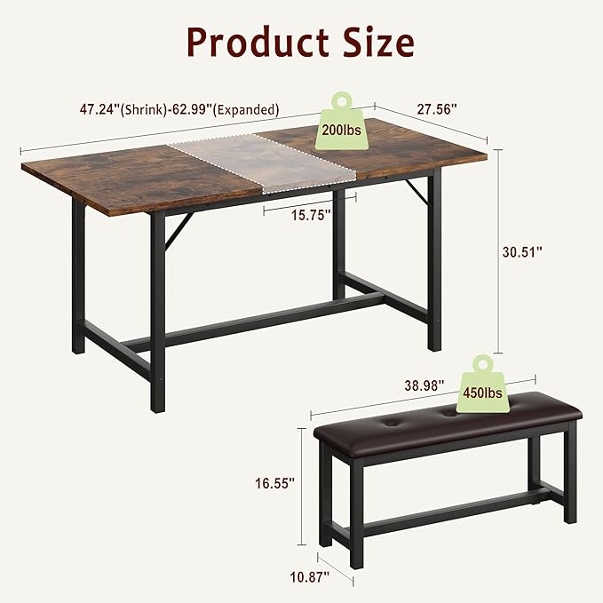 3-Piece Dining Table Set for 4-6 People, Extendable Kitchen Table Set - Image 6