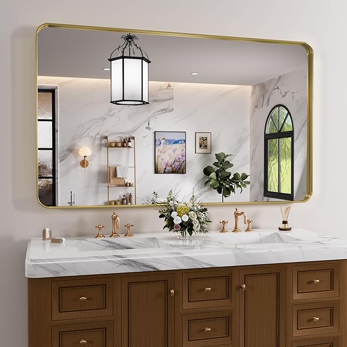 Gold Bathroom Mirror, 50x30 Inch Brushed Gold Metal Frame Mirror - Image 2