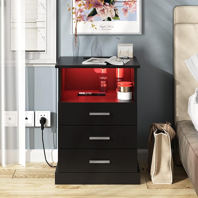 Black LED Nightstand with Charging Station, Side Table with 3 Drawers and Light - Image 2