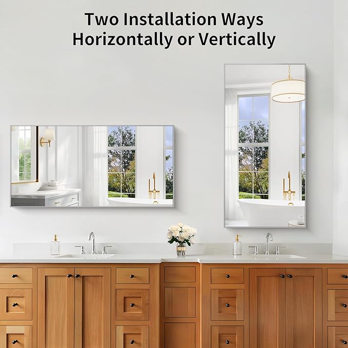 KOCUUY 24x48 Inch Large Silver Wall Mounted Mirror, Brushed Nickel Framed - Image 5