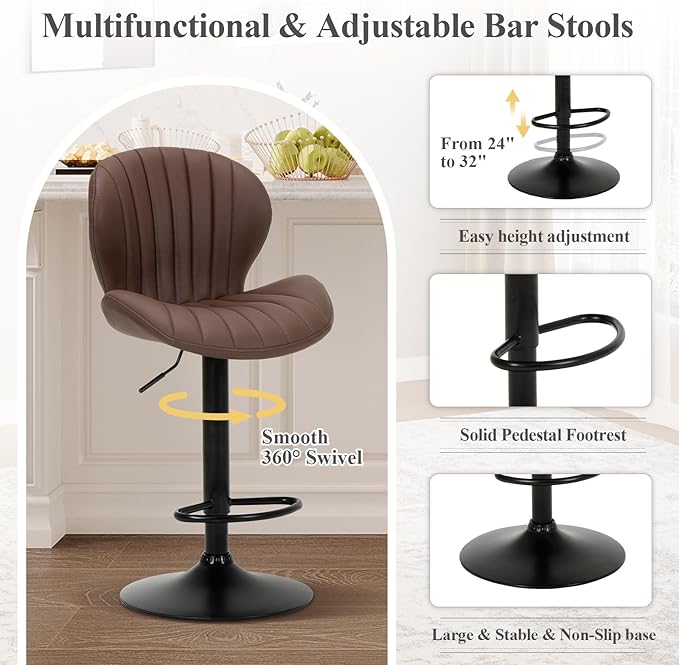 COLAMY Bar Stools Set of 4, Modern Swivel Bar Chairs, Adjustable Faux Leather - Image 4