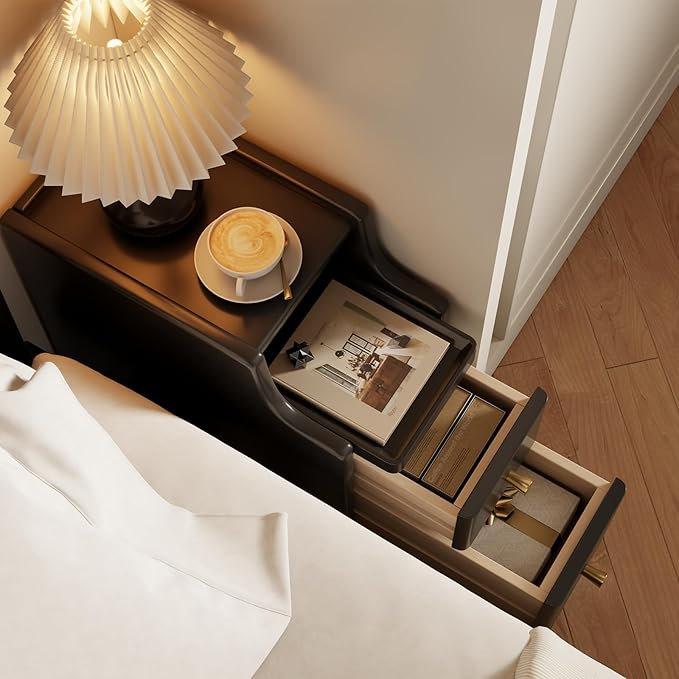 Narrow Nightstand with Drawers, Wood Bedside Table, Small Black Nightstand Set - Image 3
