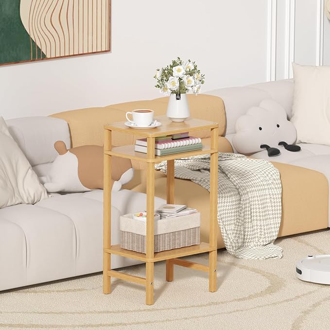 28in Tall Bamboo Side Table 3-Tier Small Narrow End Table, Skinny Nightstand - Image 9