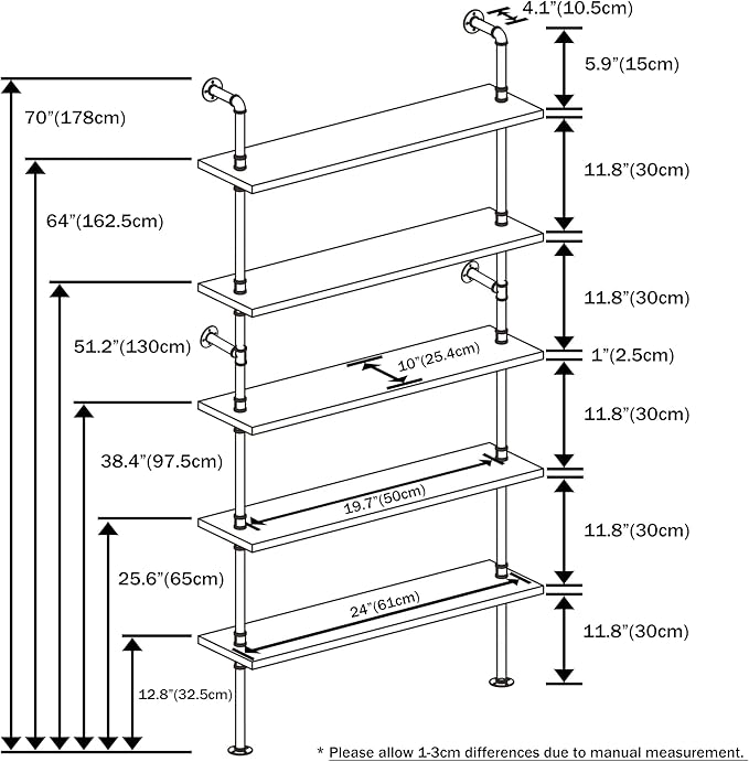 5 Tier Industrial Ladder Bookshelf, Wall Mounted Wood Metal Rustic Pipe Shelves - Image 3