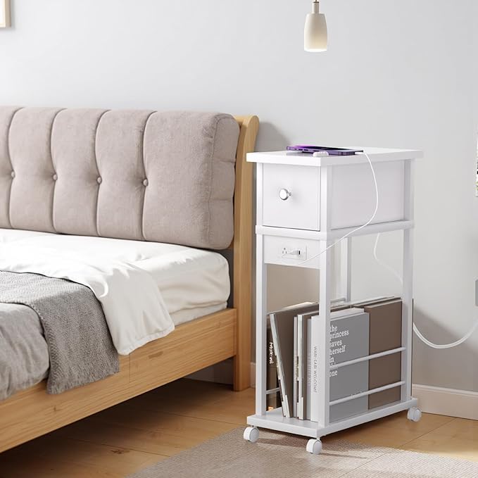 Side Table with Charging Station and Drawer, Narrow End Table with USB Ports - Image 2