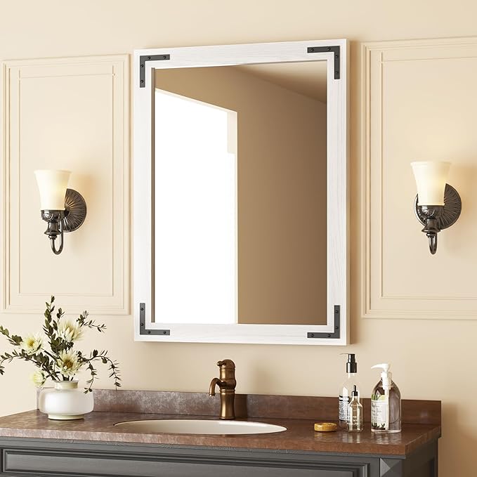 VocalStar White Wood Framed Mirror 24 x 32 Inch, Rustic Natural White Wooden by VOCALSTAR