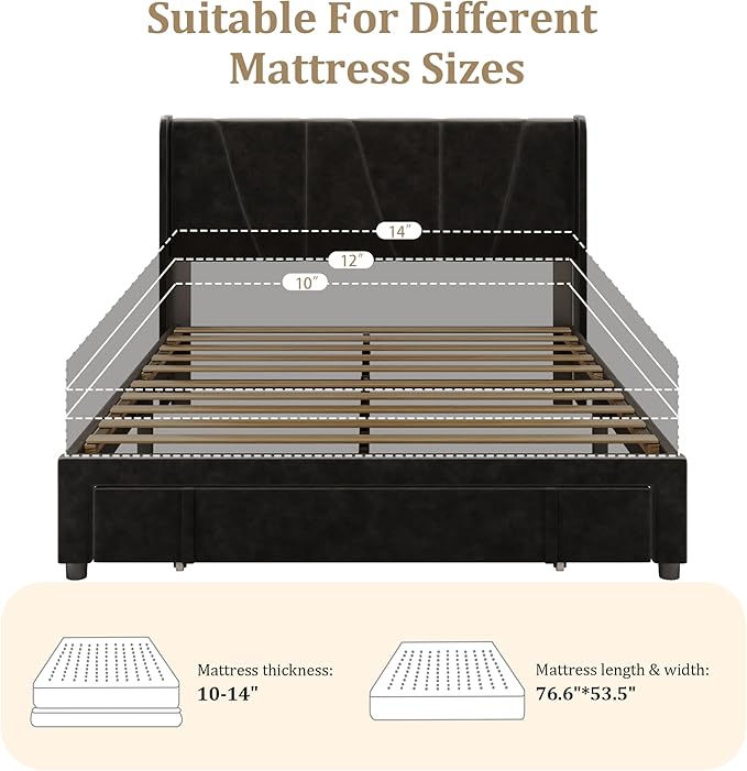 Full Bed Frame with Storage Drawers, Upholstered Platform Bed with Headboard - Image 7
