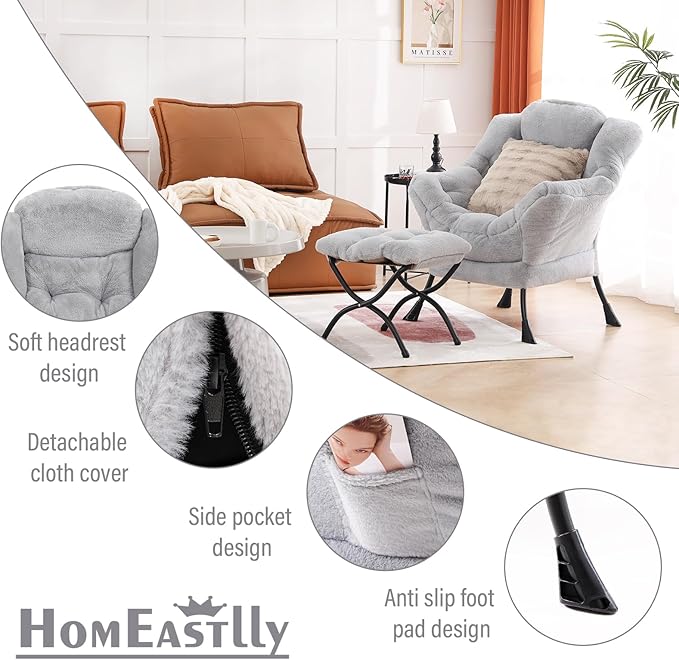 Lazy Chair with Ottoman, Modern Large Accent Lounge Chair with a Pillow - Image 7