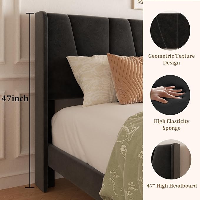 Full Bed Frame with Storage Drawers, Upholstered Platform Bed with Headboard - Image 4