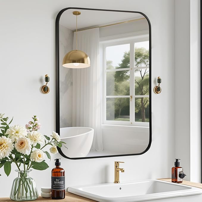 Black Bathroom Mirror, 22x30 Inch Aluminum Frame Rectangle Mirror, Tempered by CLBA