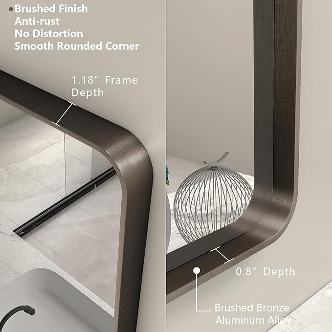 16x24 Bronze Bathroom Mirror, Rounded Rectangle Bronze Frame Mirror, Brushed - Image 2