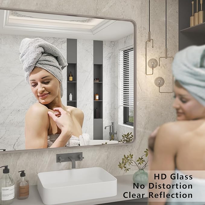 28x32 Silver Bathroom Mirror for Wall, Brushed Metal Framed Bathroom Vanity - Image 4