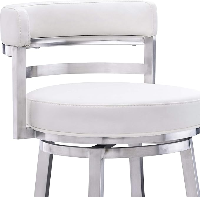 Armen Living Madrid 30" Seat Height Swivel White Faux Leather and Brushed - Image 7